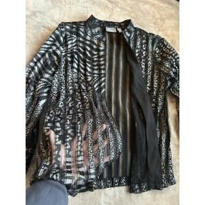 VTG Chico’s Travelers Sheer Mesh Silver Animal Zebra Print Zip Jacket Black Gray